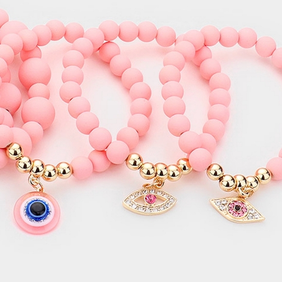 Pink And Gold Evil Eye Pendant Charms Crystal Beaded Stretch Bracelet - Picture 4 of 5